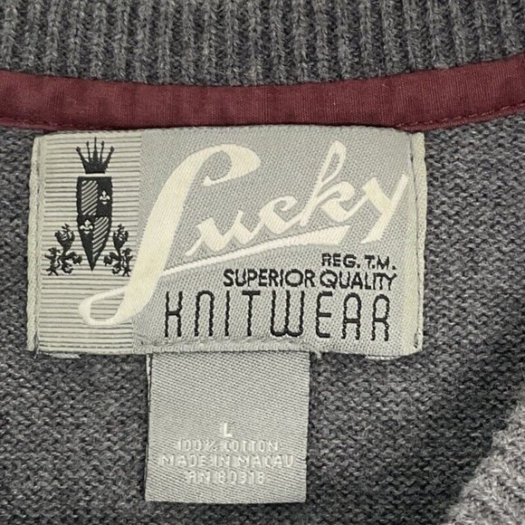 Lucky Brand Sweater Long Sleeve Gray/Maroon Lightweight Crew Neck 100% Cotton L - Picture 3 of 9